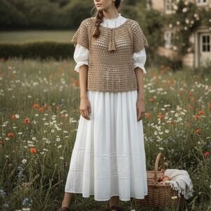 Tan Crochet Knit Sweater Boho Cottagecore Short Sleeve Open Knit Pullover M/L